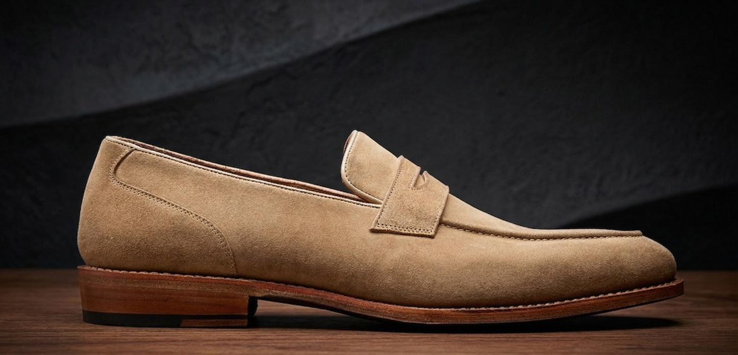 Beige suede leather textured flex slip on penny loafers