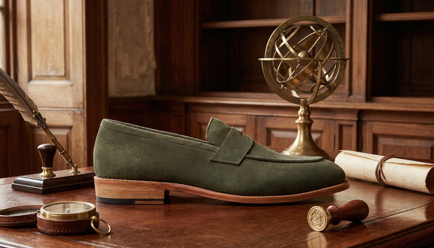 Green suede leather squale slip on penny loafers