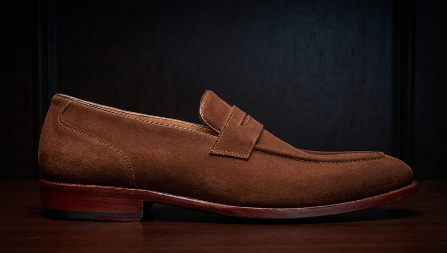 Brown suede leather textured slip on penny loafers