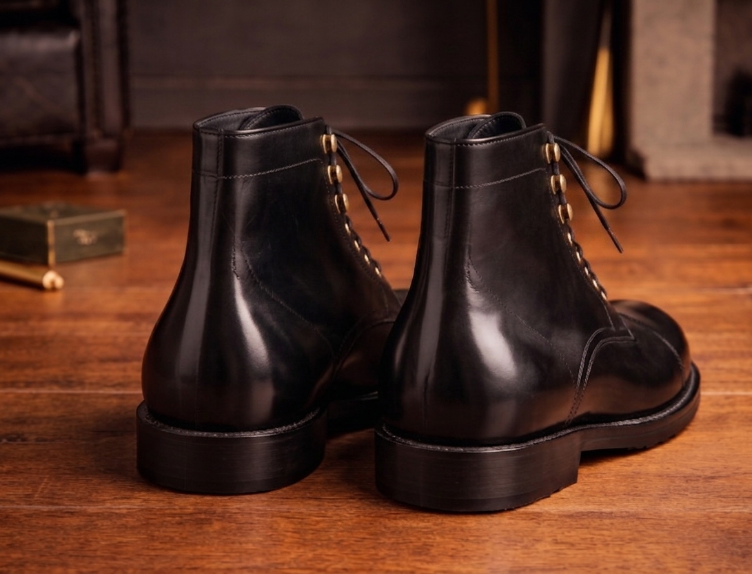 Black leather toe cap ankle high boot