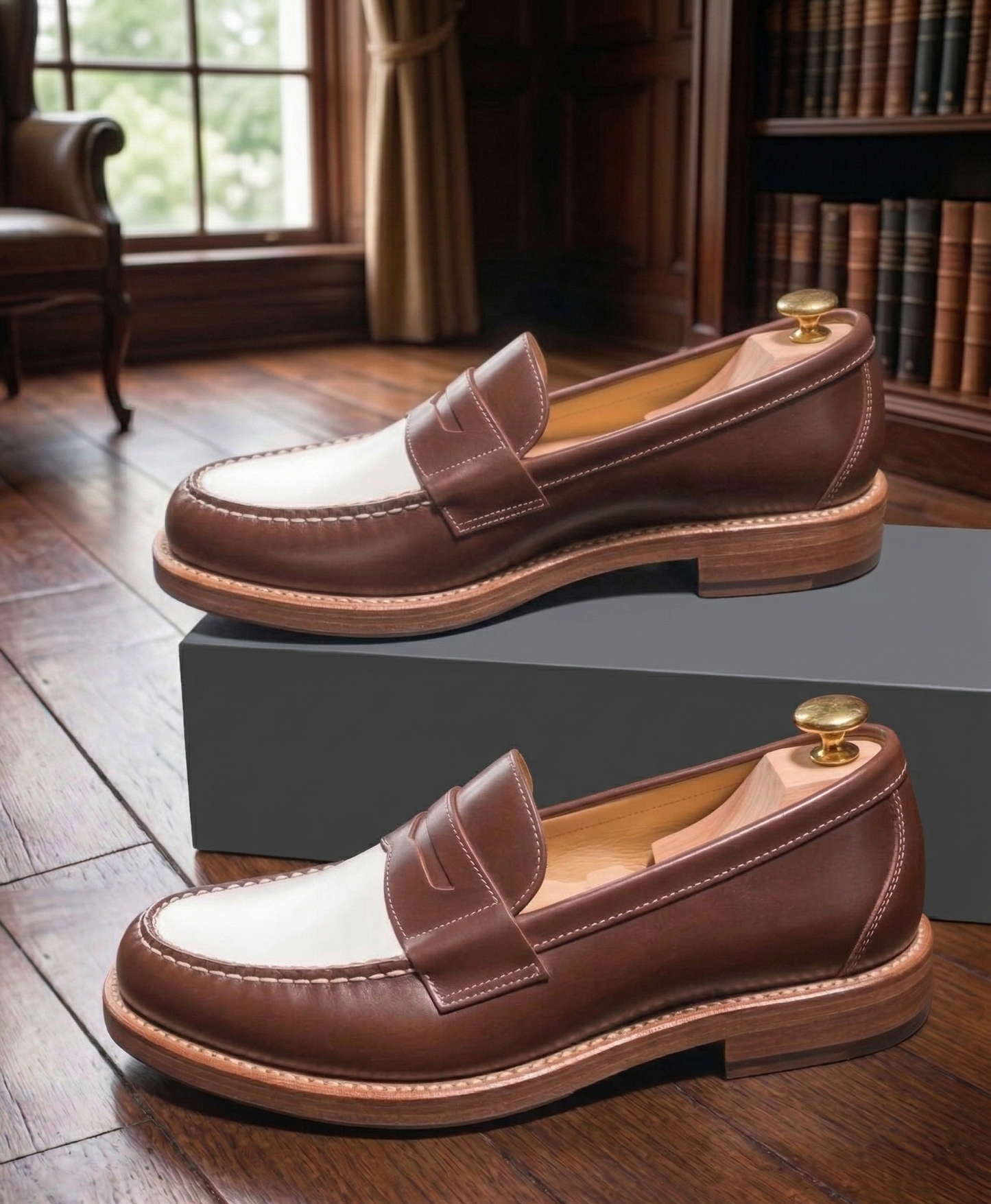 Tan and white nathan penny loafers