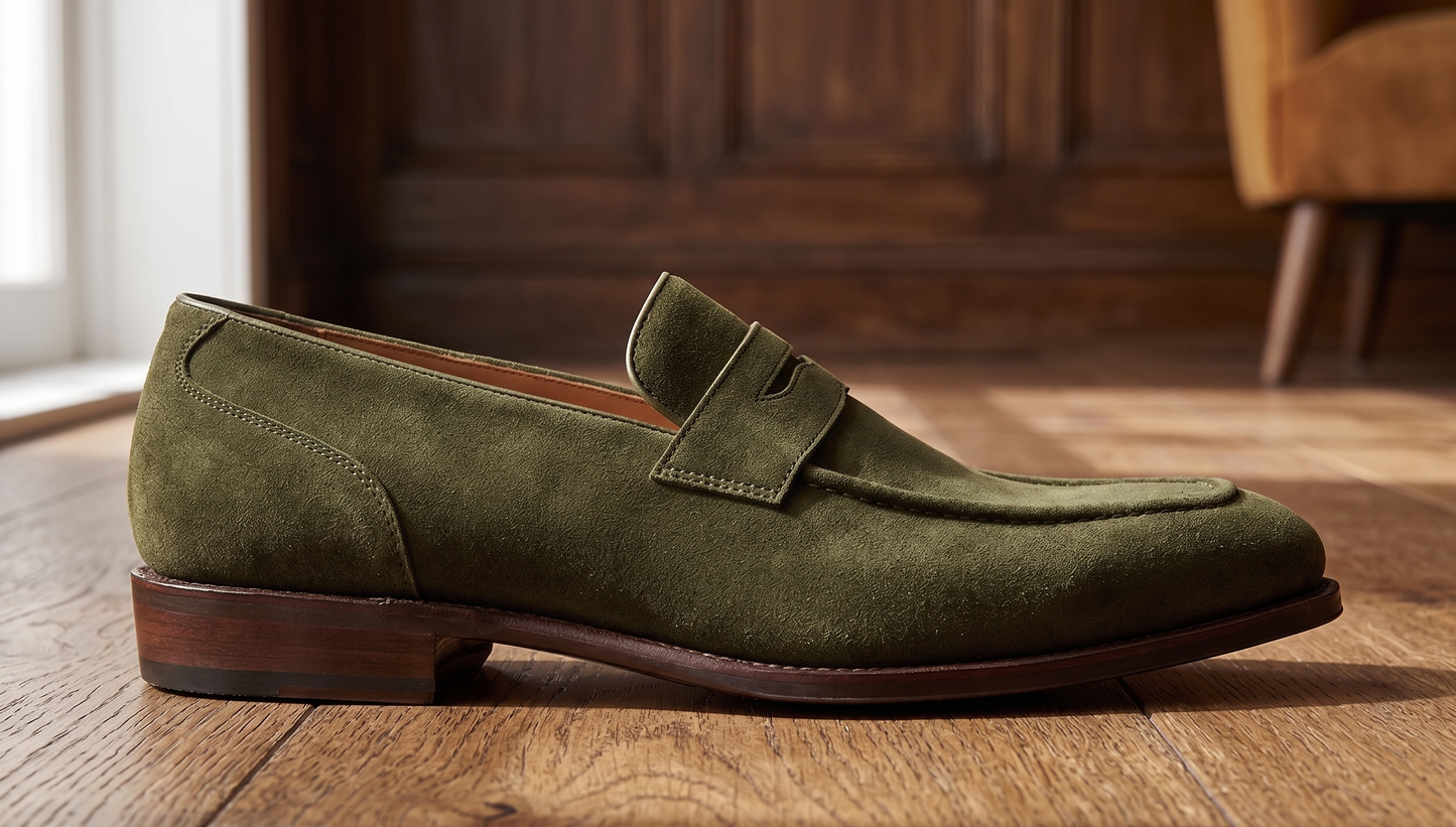 Olive suede leather maioco textured slip On penny loafers