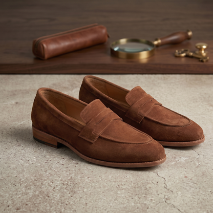 Brown suede leather amalfo slip on penny loafers