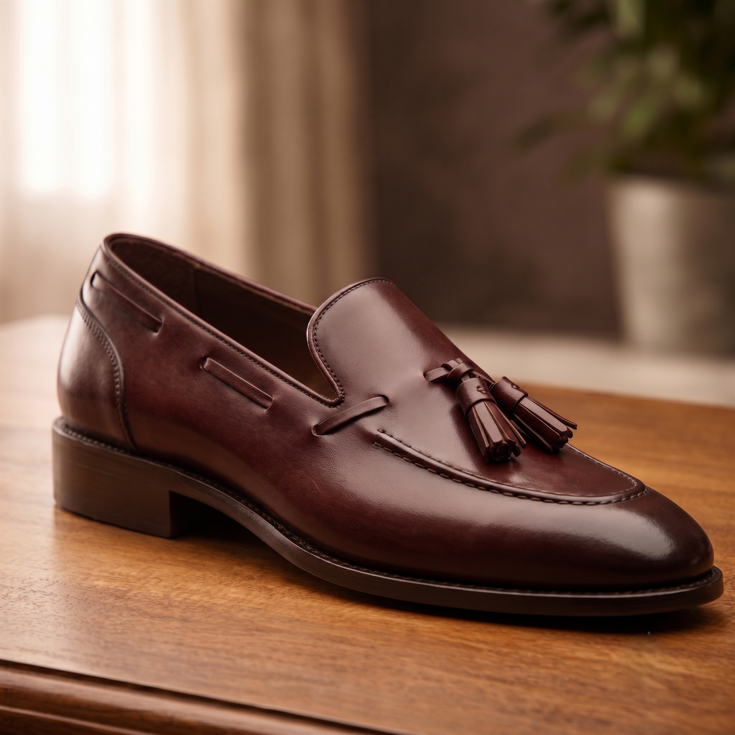Brown leather textured raging slip On tassel penny loafers