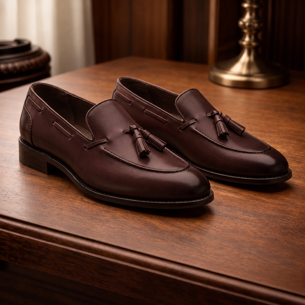 Brown leather textured raging slip On tassel penny loafers