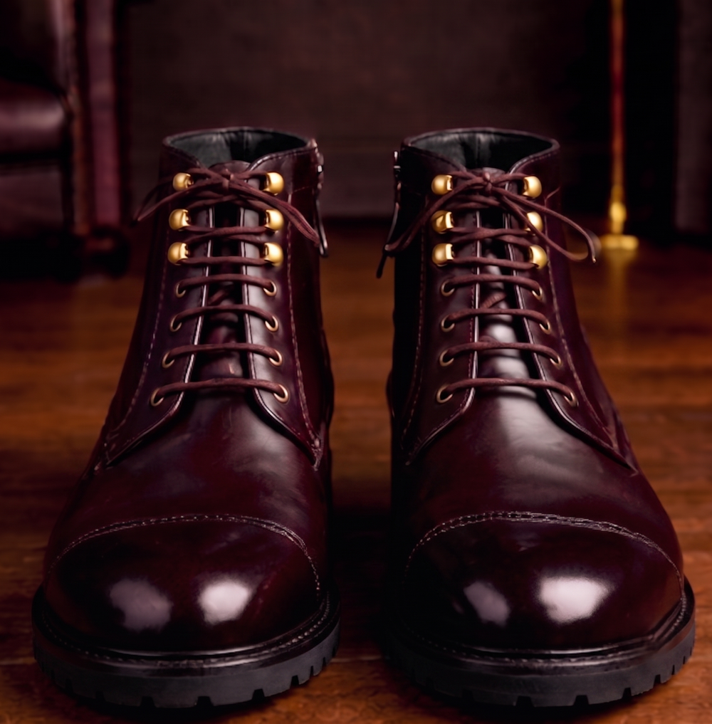 Burgundy leather toe cap ankle high boot