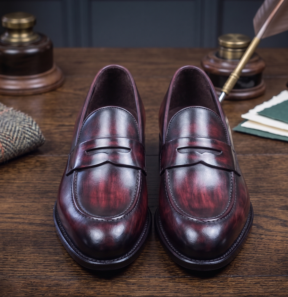 Burgundy patina leather meraviglia  slip on penny loafers