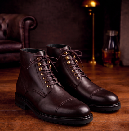 Burgundy leather toe cap ankle high boot