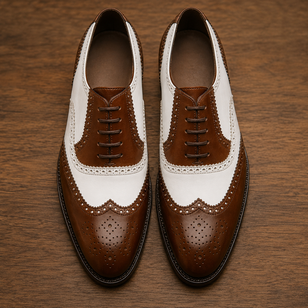 Brown and white spector brogue oxford shoe