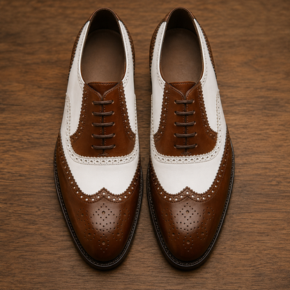 Brown and white spector brogue oxford shoe