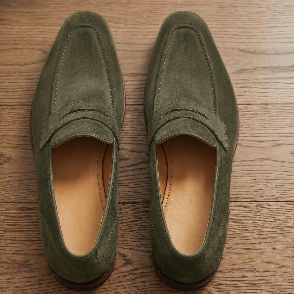 Olive suede leather maioco textured  slip On  penny loafers