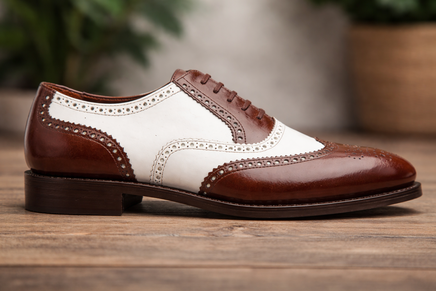 Brown and white spector brogue oxford shoe