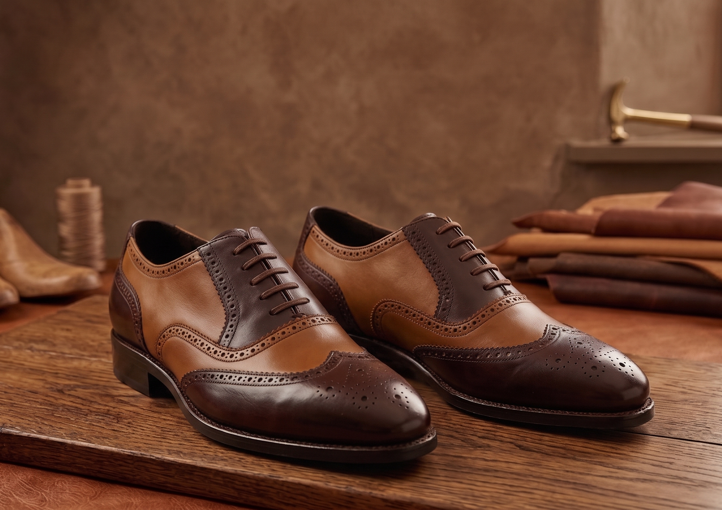 Brown and tan spector brogue oxford shoe