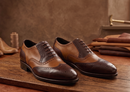 Brown and tan spector brogue oxford shoe