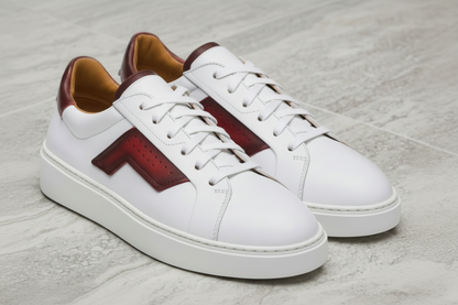 Red and white low top sneaker