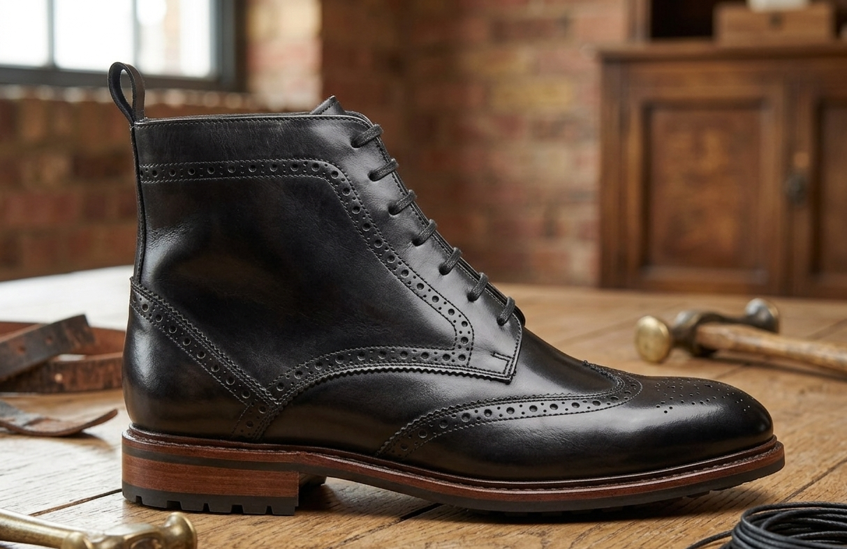 Black leather wingtip doto derby boot