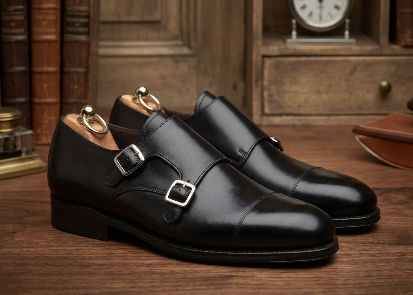 Black leather cuera double monkstrap