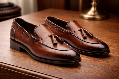 Brown leather textured raging slip On tassel penny loafers