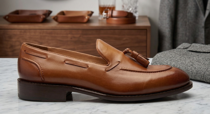 Tan brown  leather lastra slip on tassel penny loafers