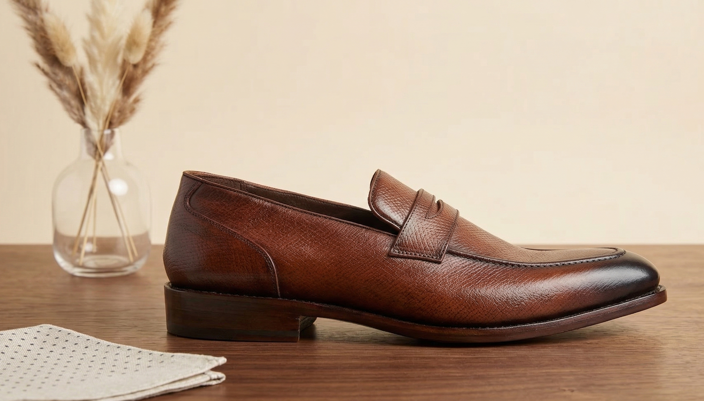 Brown leather textured severino slip on  penny loafers