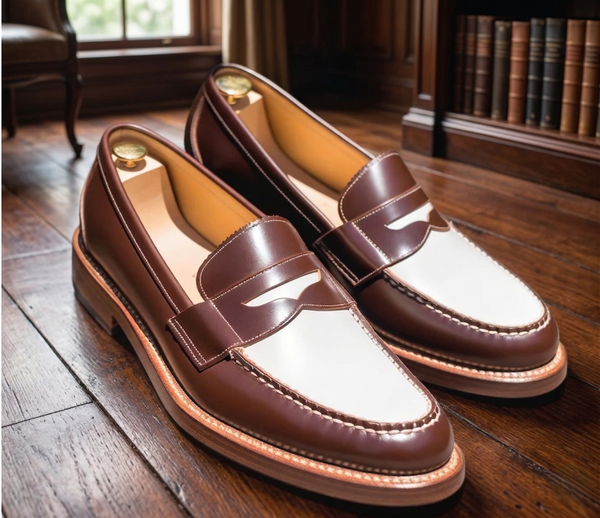 Tan and white nathan penny loafers