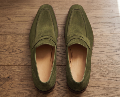 Olive suede leather maioco textured  slip On  penny loafers