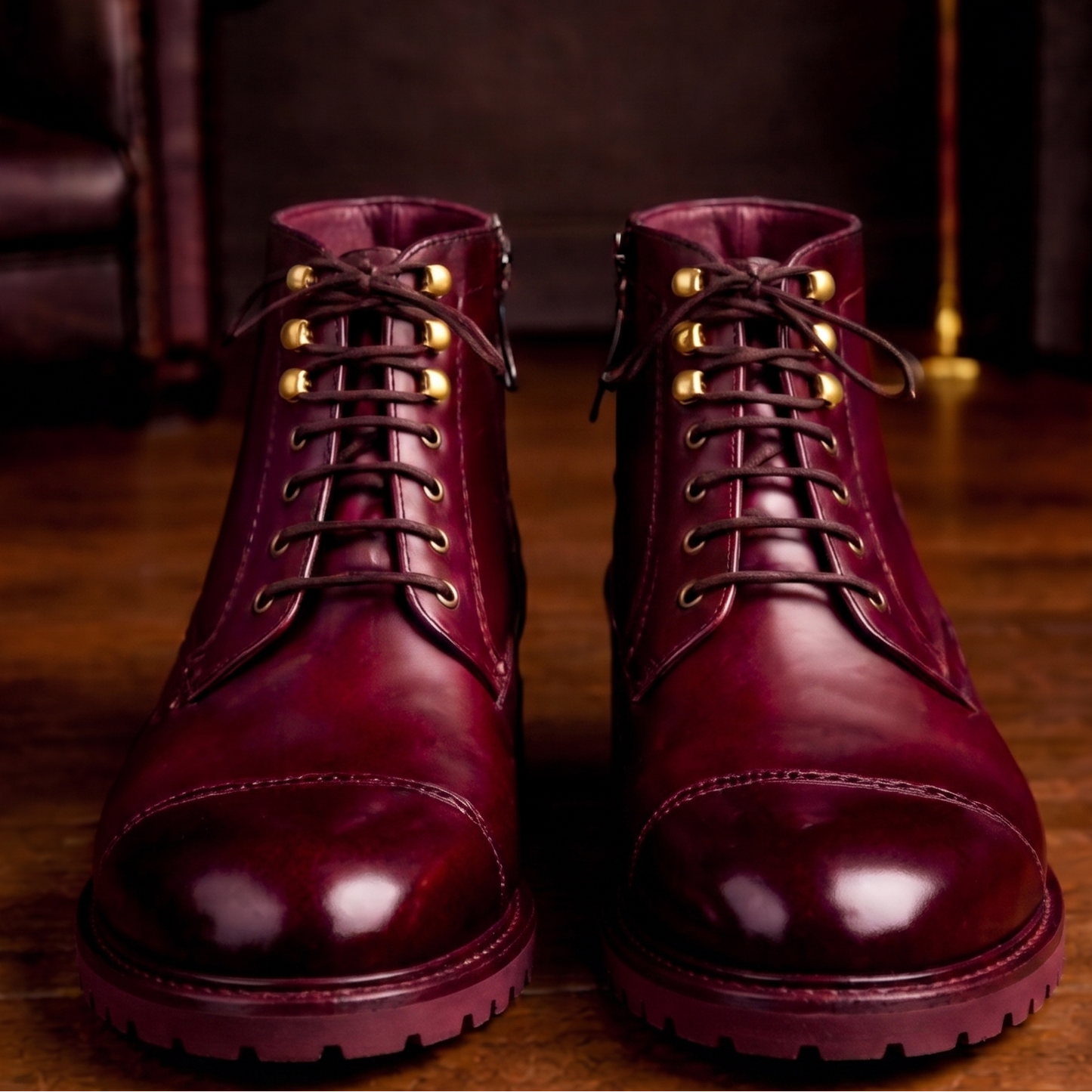Burgundy leather toe cap ankle high boot