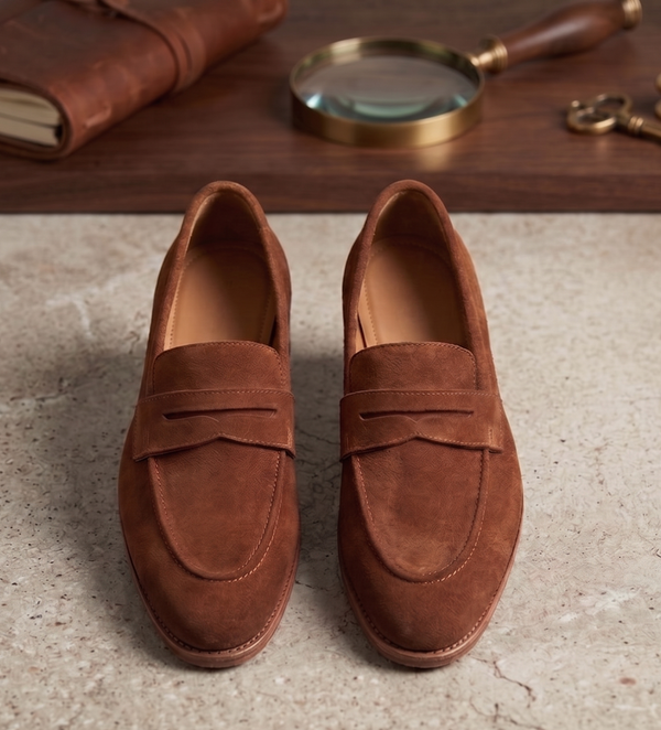 Brown suede leather amalfo slip on penny loafers