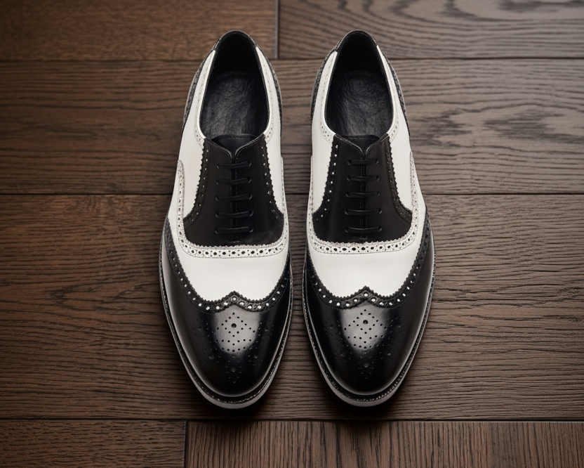 Black and white spector brogue oxford shoe