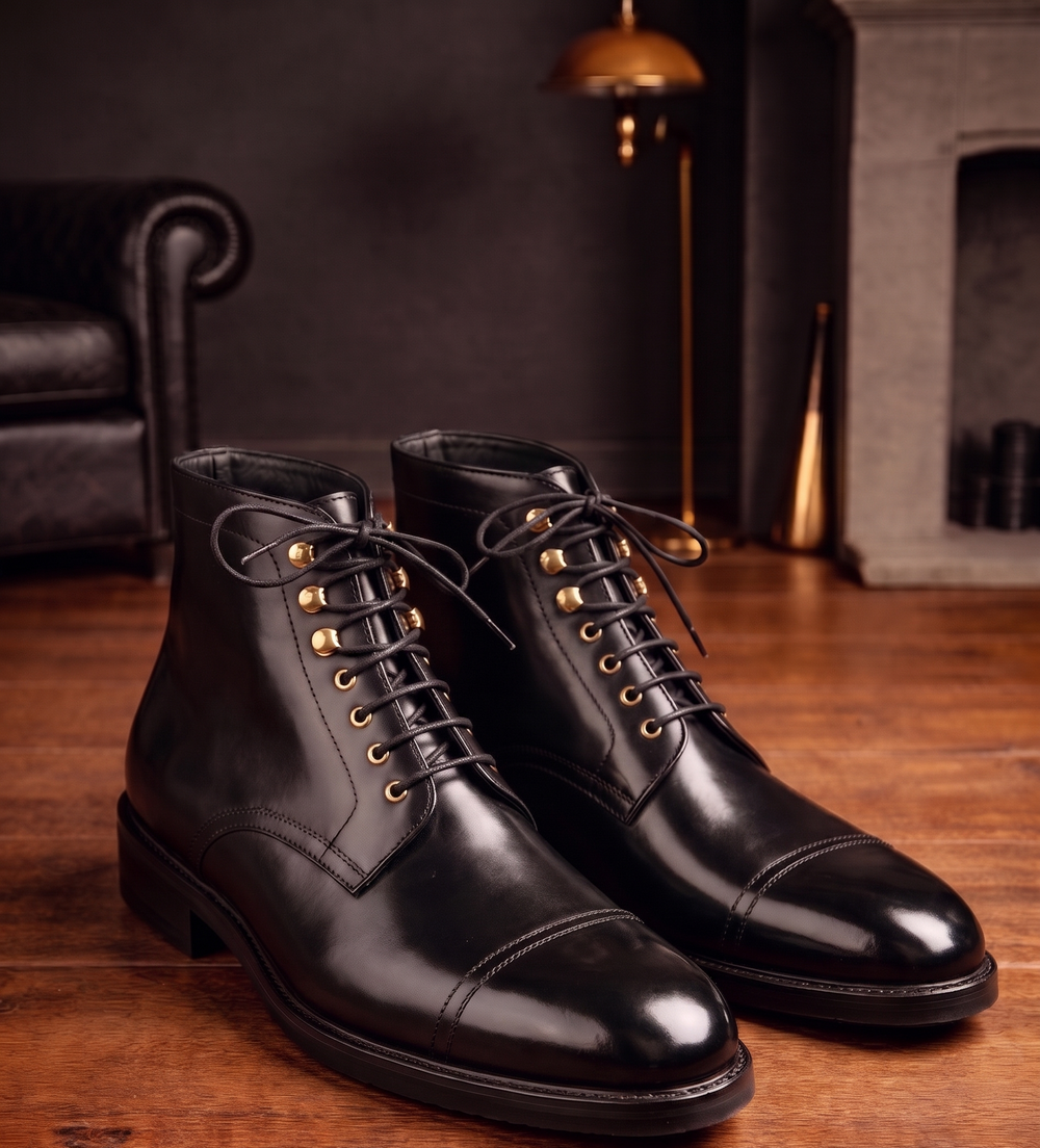 Black leather toe cap ankle high boot