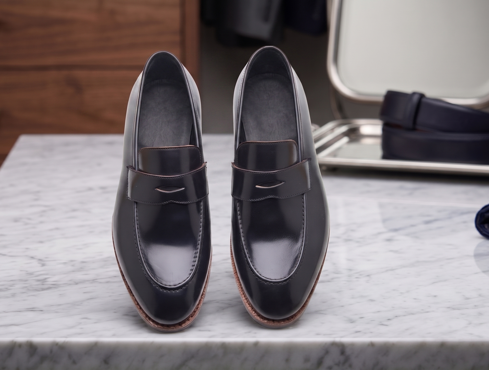 Black  leather  ferraro slip  On penny loafers