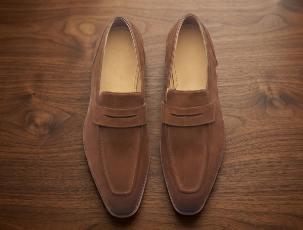 Brown suede leather textured  slip on  penny loafers