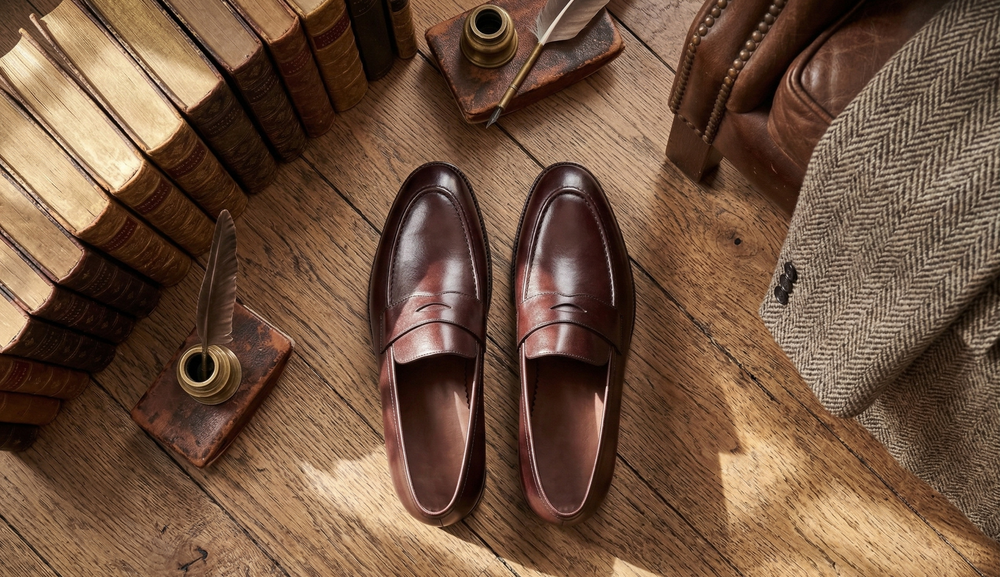 Brown leather etna slip on penny loafers