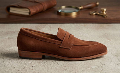 Brown suede leather amalfo slip on penny loafers