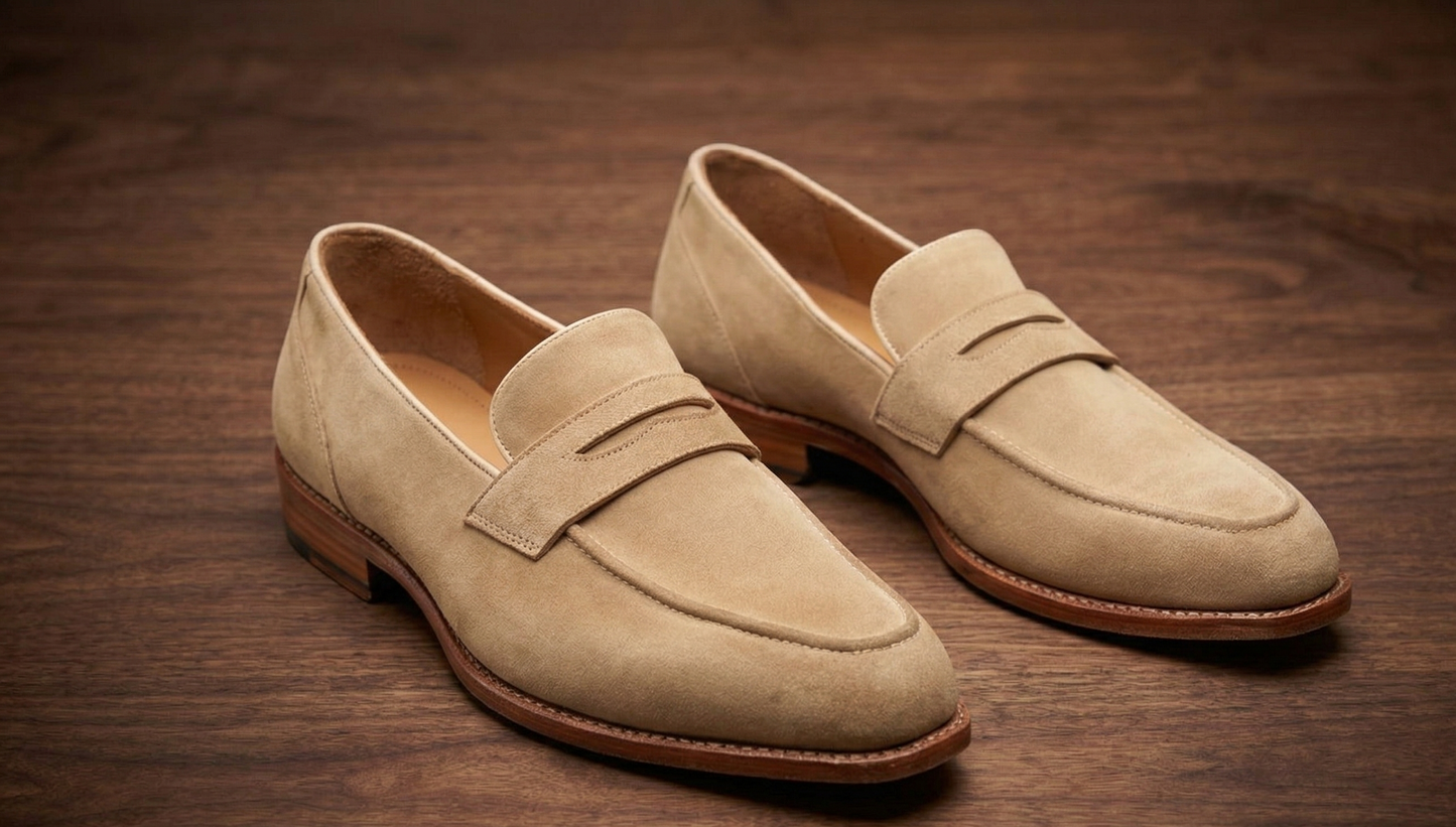Beige suede leather textured flex slip on  penny loafers