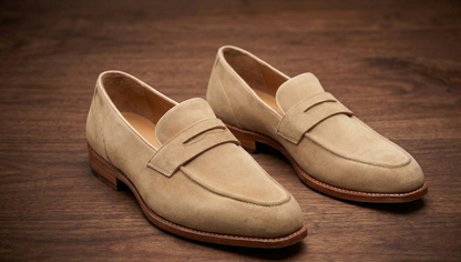 Beige suede leather textured flex slip on  penny loafers