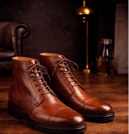 Tan leather toe cap ankle high boot