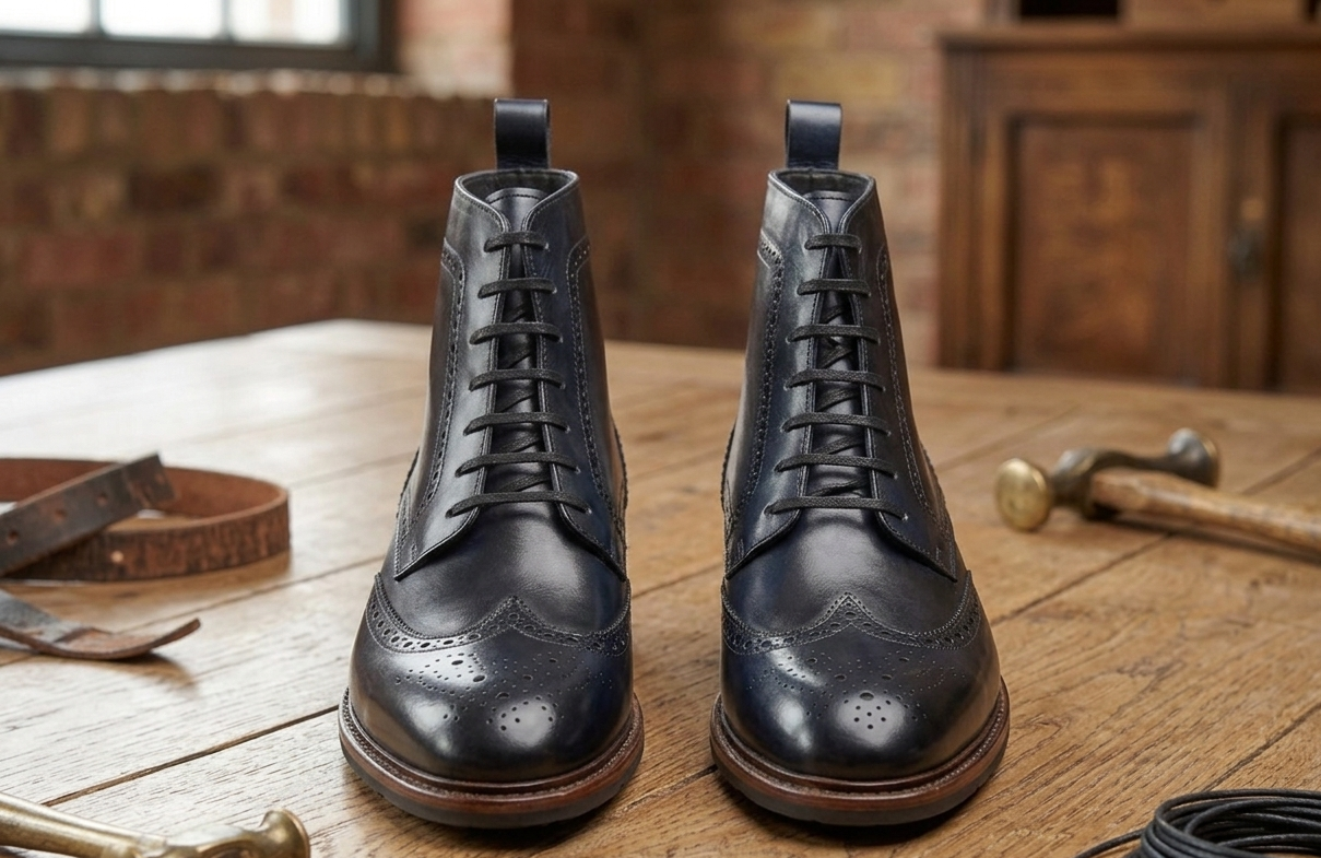 Black leather wingtip doto derby boot
