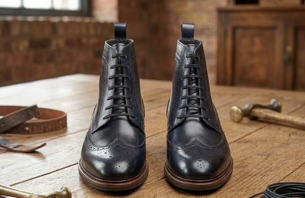 Black leather wingtip doto derby boot