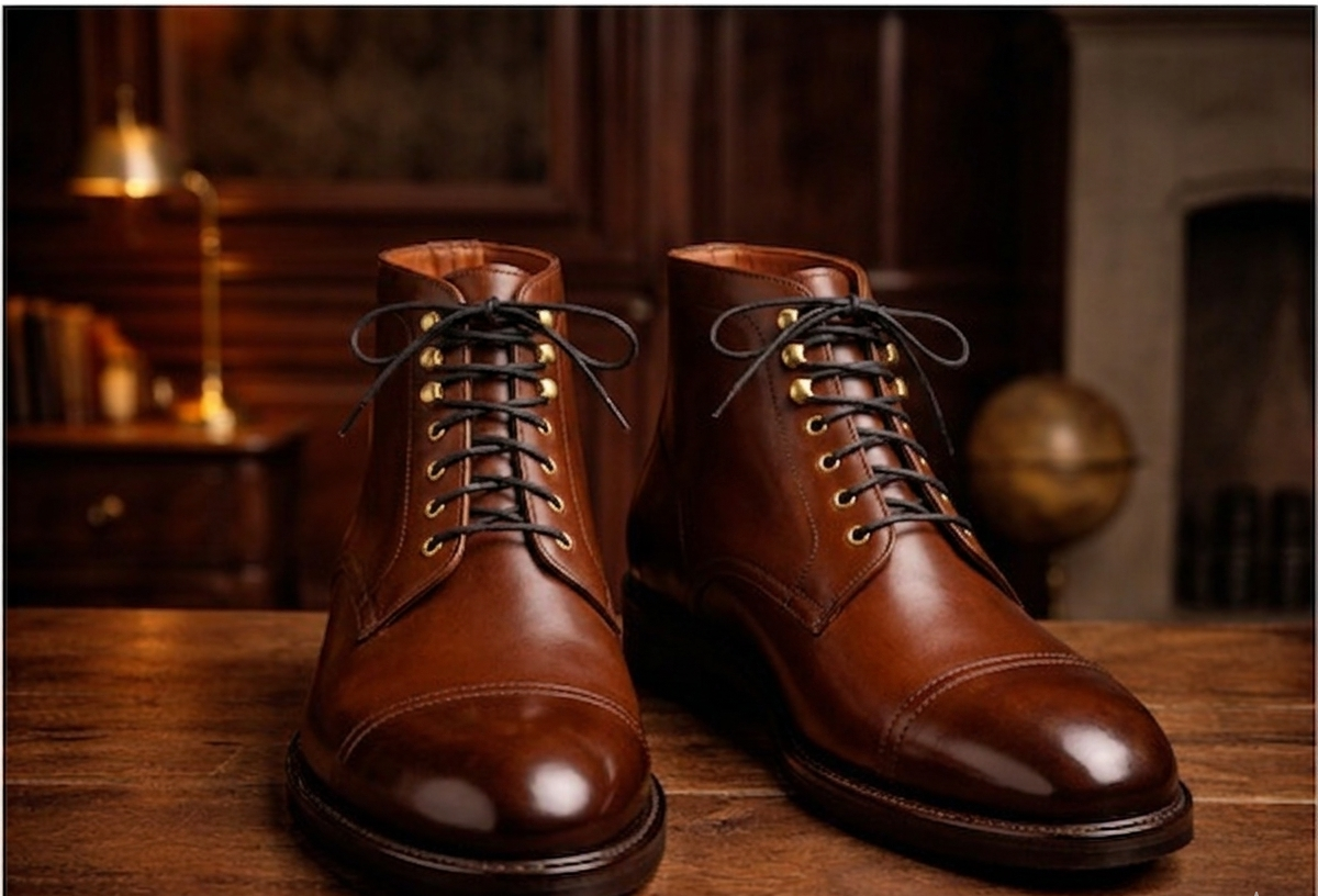 Brown leather toe cap ankle high boot