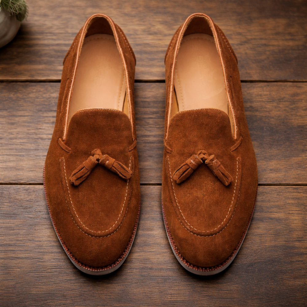 Brown suede sonny slip on tassel penny loafers
