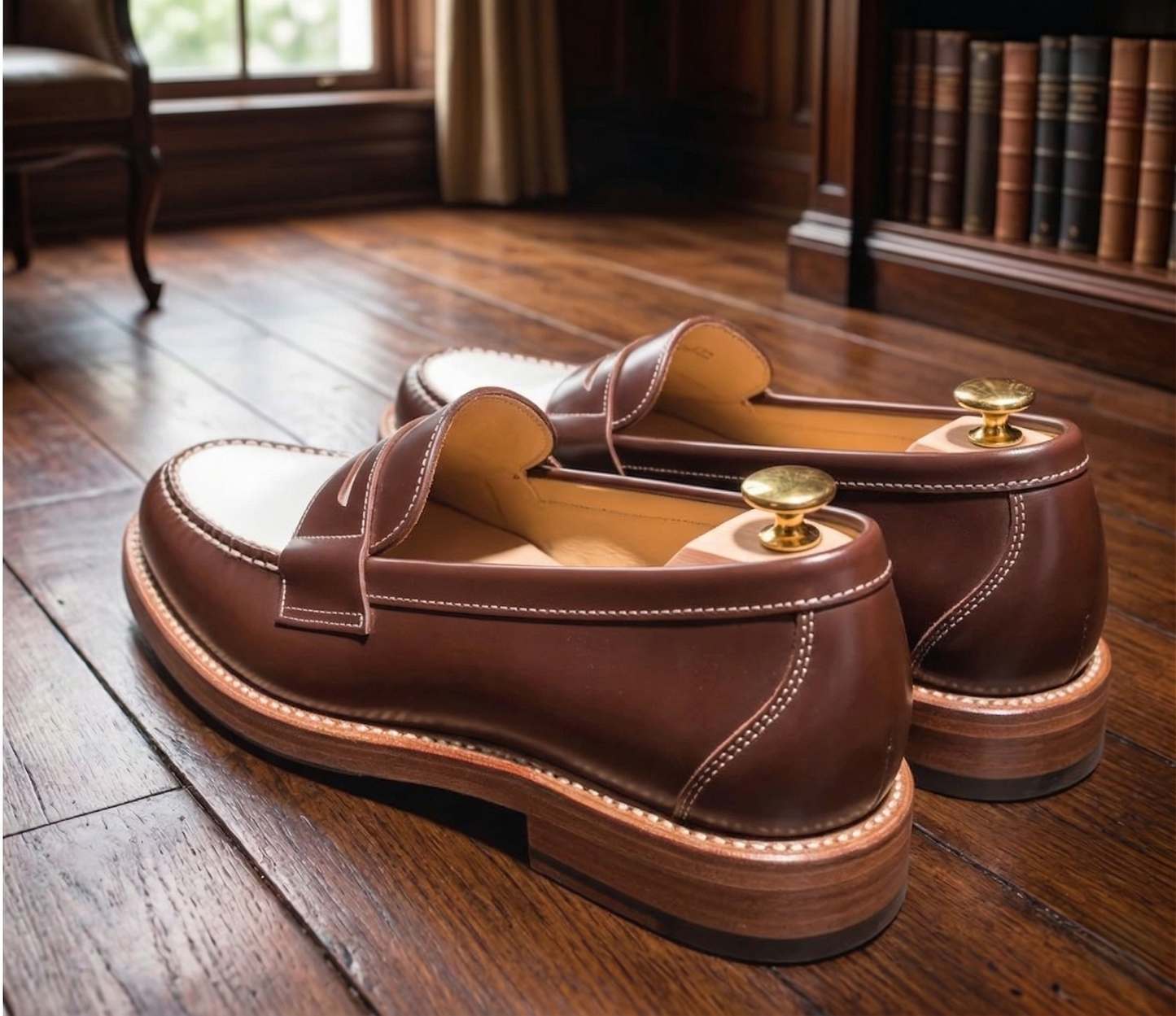 Tan and white nathan penny loafers