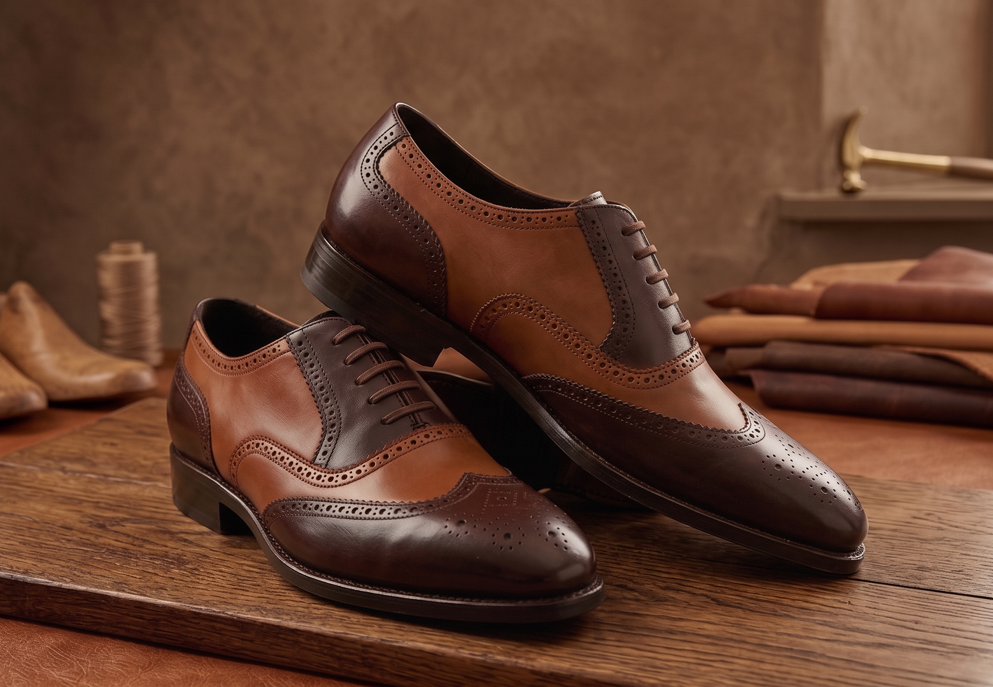 Brown and tan spector brogue oxford shoe