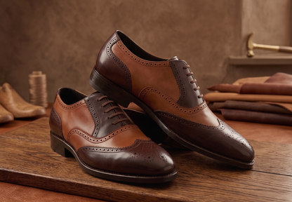 Brown and tan spector brogue oxford shoe
