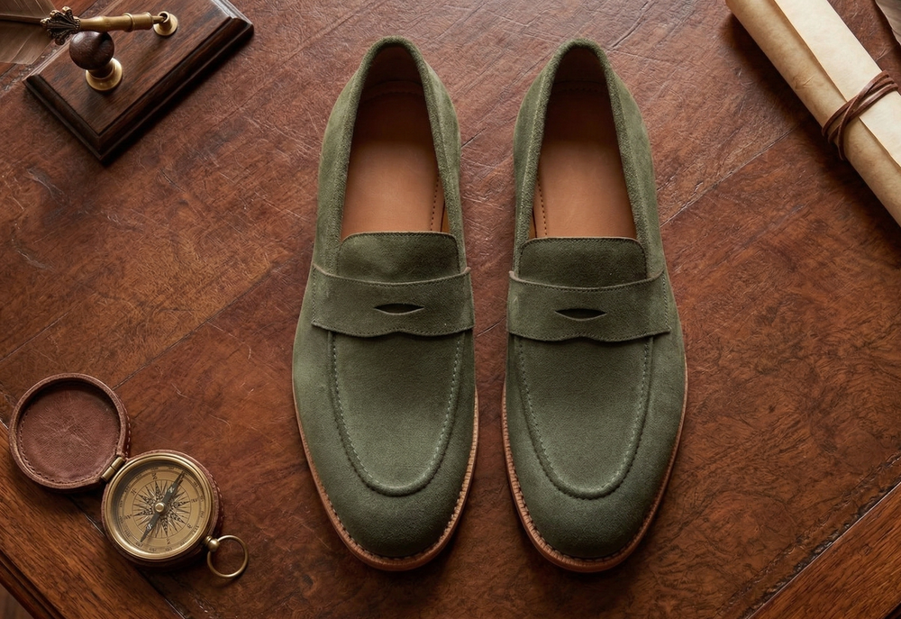 Green suede leather squale  slip on penny loafers