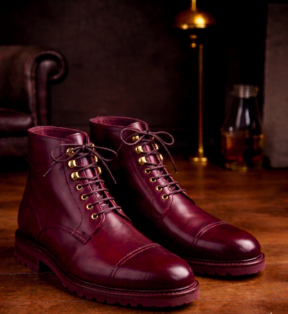 Burgundy leather toe cap ankle high boot