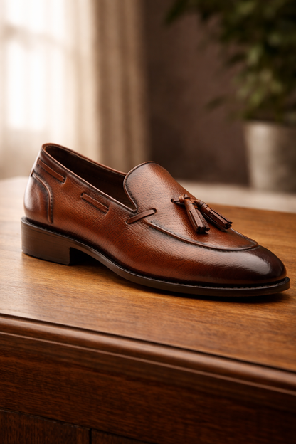 Brown leather textured raging slip On tassel penny loafers