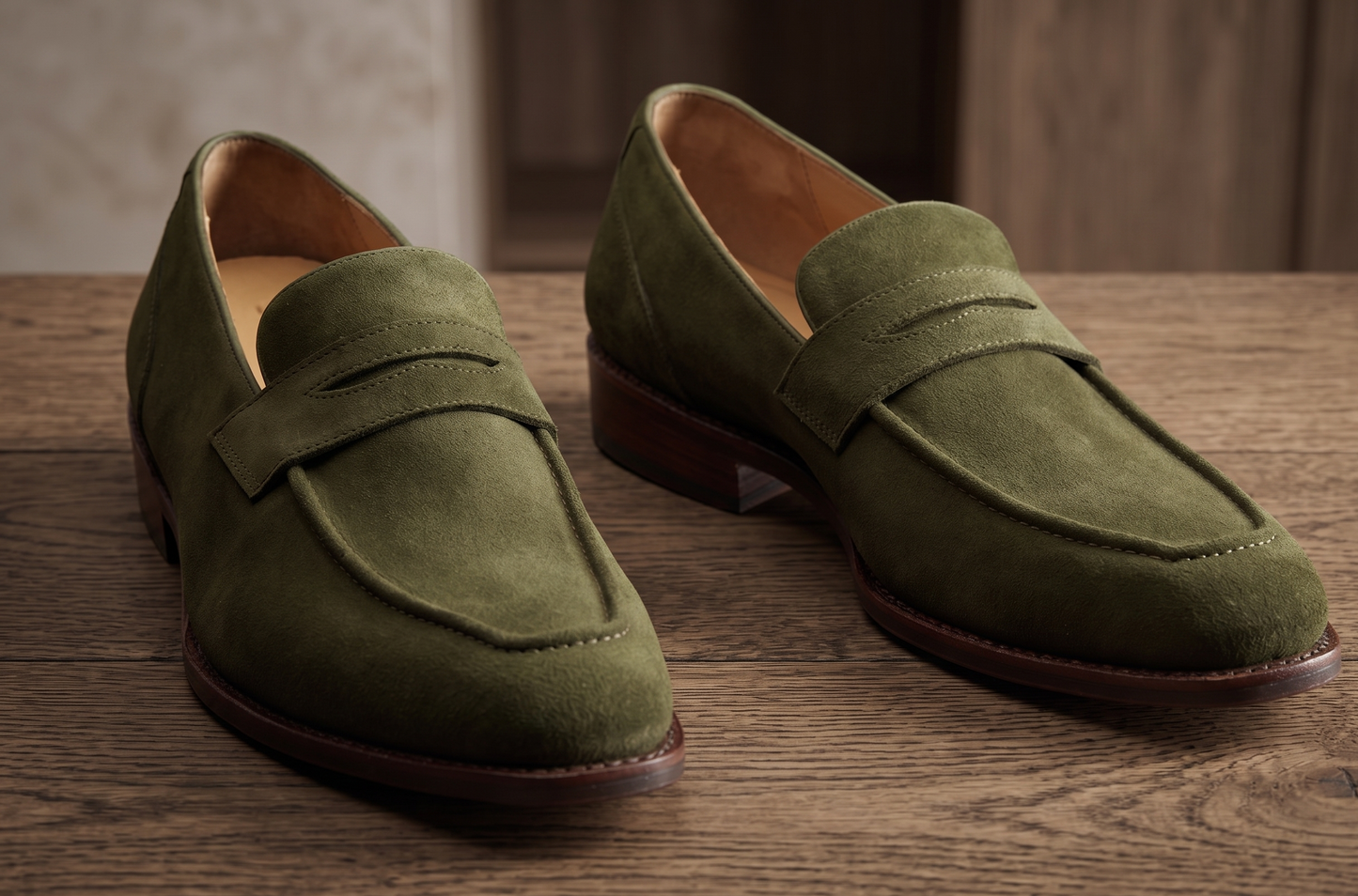 Olive suede leather maioco textured  slip On  penny loafers