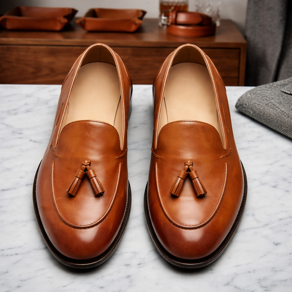 Tan brown leather lastra slip on tassel penny loafers