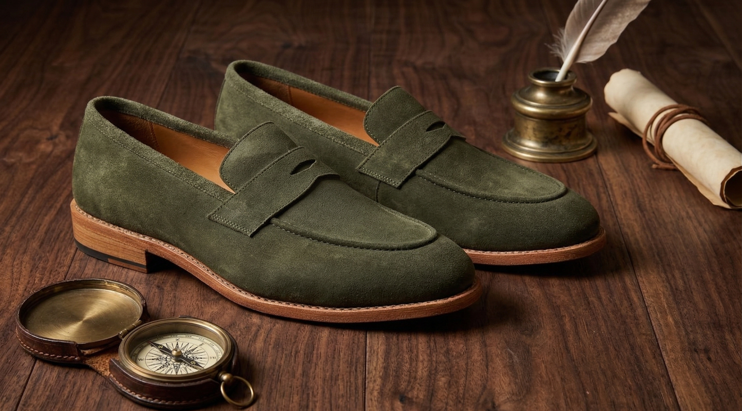 Green suede leather squale  slip on penny loafers